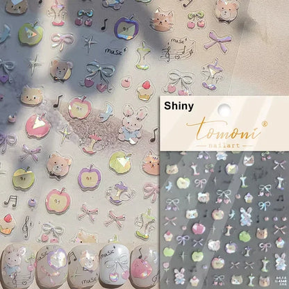 Lovely Animal Graffiti Cat Claw Rabbit Bunny Bear Dog Flower Fruit Dim Sum Candy Sunflower Adhesive 5D Nail Art Stickers Decal