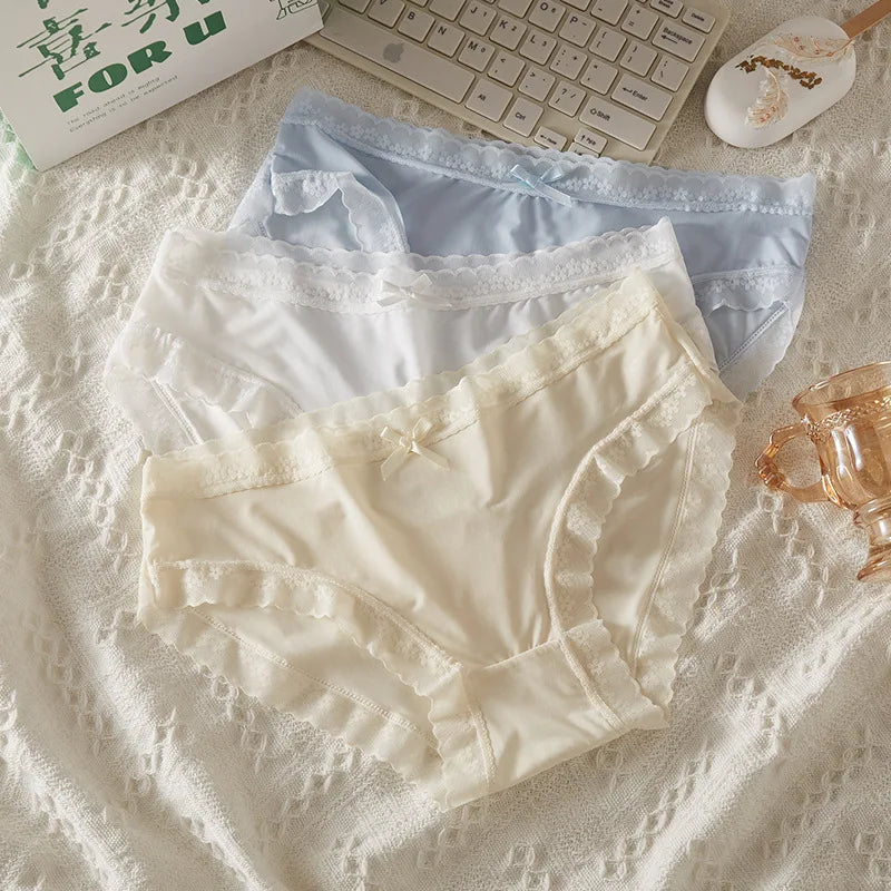 4 PCS/PACK Solid Color Women's Panties Mid-Waist Breathable Comfort Sexy Antibacterial Lace Innerwear