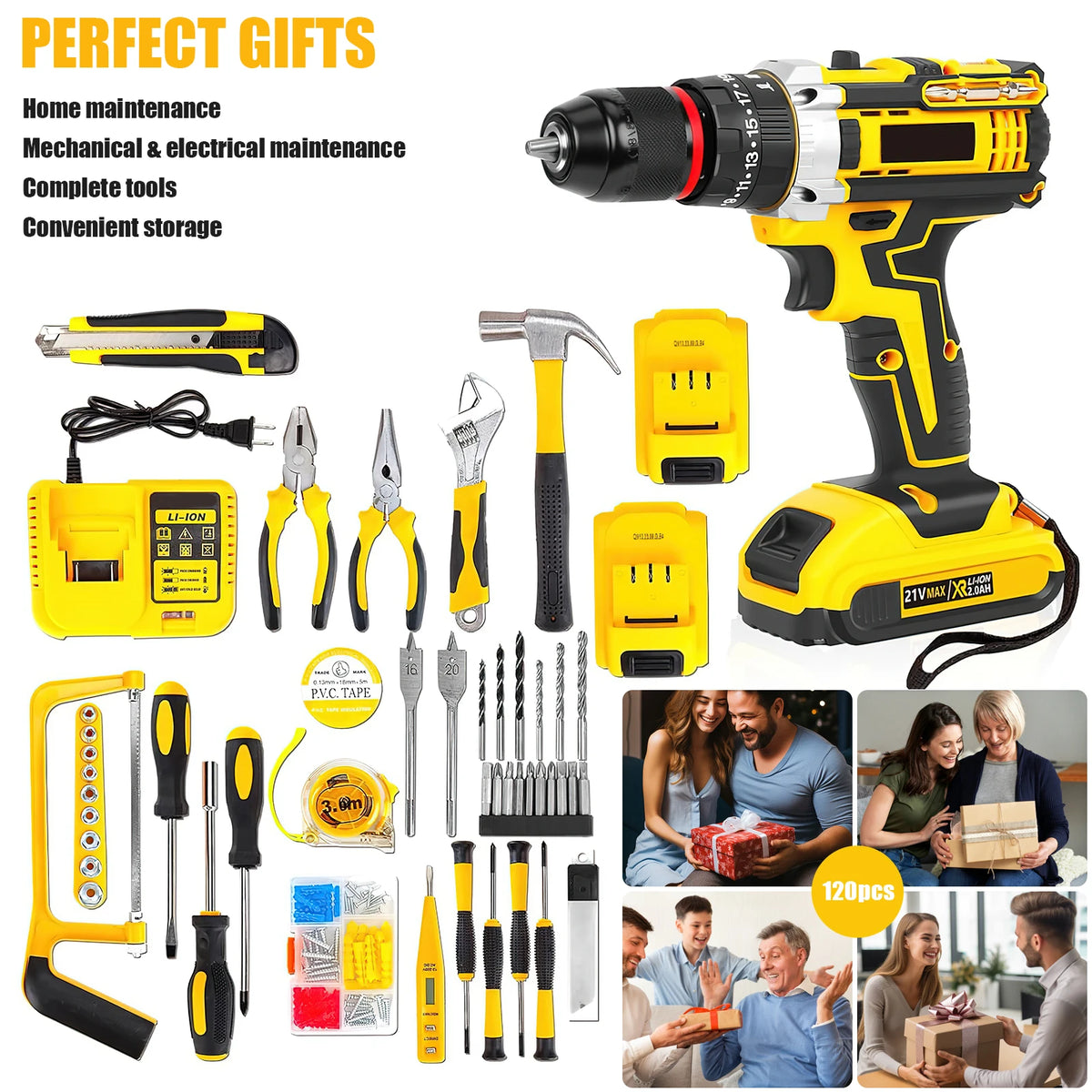 120 piece power tool kit with 21V cordless drill 3/8-inch keyless chuck 25+3 impact clutch maximum torque 45Nm tool kit