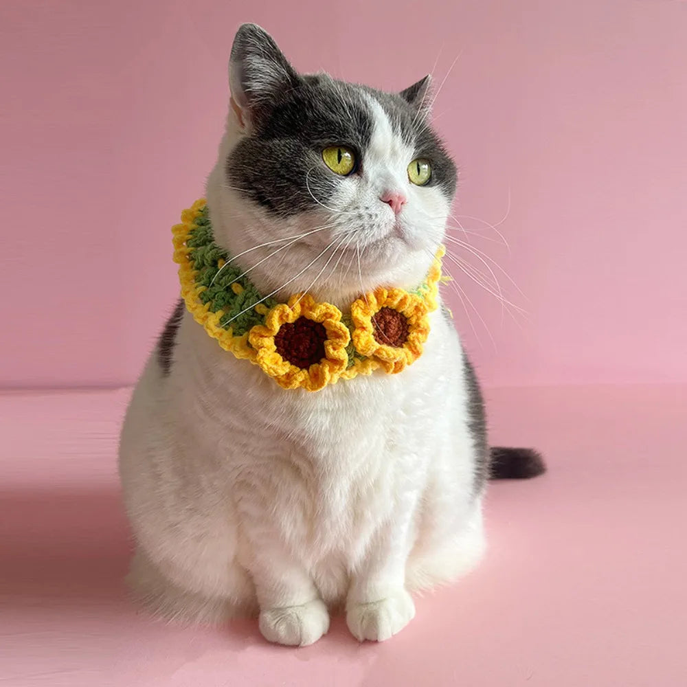 Cute Hand-Weaven Elastic Pet Scarf Adjustable Sweet Style Cat Dog Bow Tie Lightweight Plant Theme Knitted Pet Collar Pet Gifts