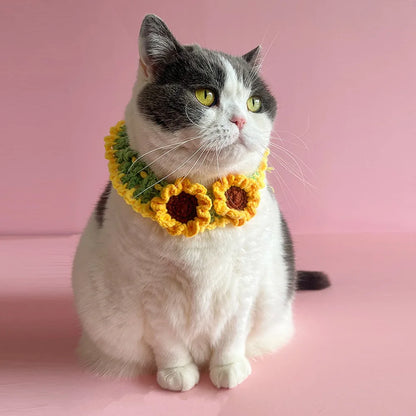 Cute Hand-Weaven Elastic Pet Scarf Adjustable Sweet Style Cat Dog Bow Tie Lightweight Plant Theme Knitted Pet Collar Pet Gifts