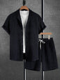 Men's Sophisticated Pleated Set Khaki Textured Cuban Collar Shirt & Elastic Waist Shorts 2 Piece Commute Outfit