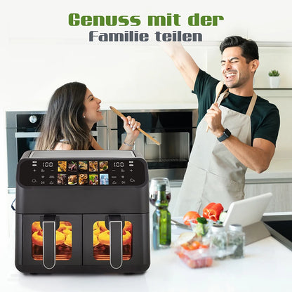 Hot Air Fryer 9L Dual Basket Electric Oilless Cooker Oven with Touch Control,10-In-1 Multifunction,Visible Window,Family Size