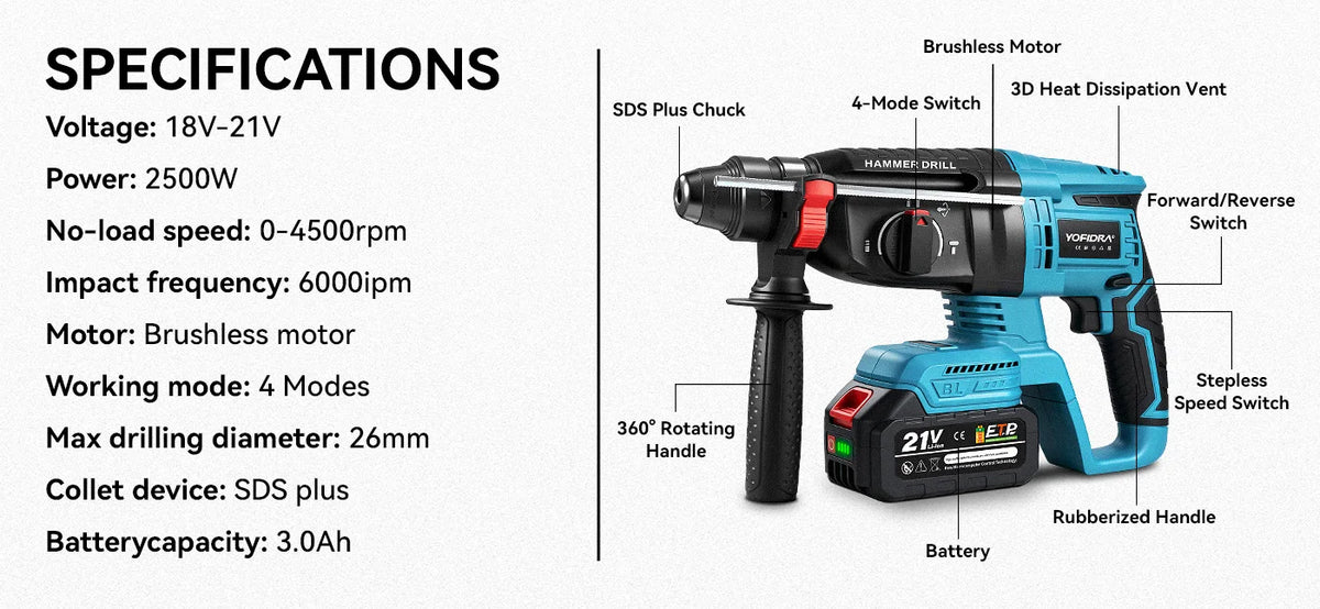YOFIDRA 26MM Brushless Electric Hammer Drill Multifunctional Rotary Cordless Rechargeable Power Tools For Makita Battery Pin
