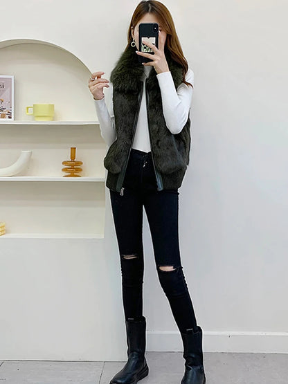 Women's Genuine Real Rabbit Fur Vest Coat Knitting Winter Fox Fur Collar Fur Jacket Casual Short Outwear Slim with Zipper