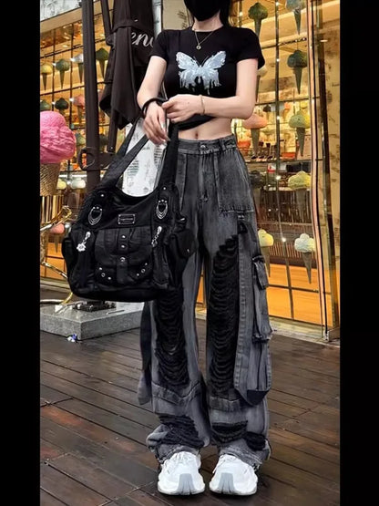 American Retro Washed Black Hole Denim Pants Women's Style 2026 Autumn New Street Design Wide Leg Pants High Waist Straight Leg