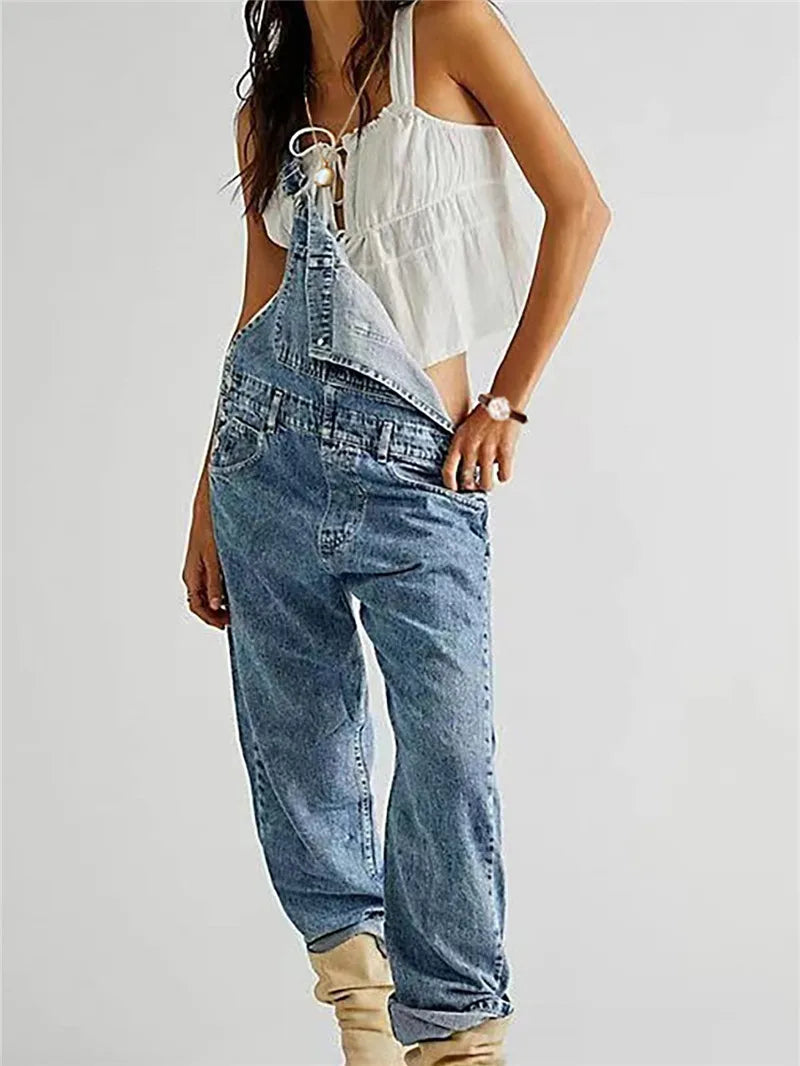Fashion Jeans Overalls for Women Loose Fit Classic Bib Casual Jean Stretchy Denim Overall Jumpsuit Tapered Leg Jean Pants