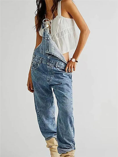 Fashion Jeans Overalls for Women Loose Fit Classic Bib Casual Jean Stretchy Denim Overall Jumpsuit Tapered Leg Jean Pants