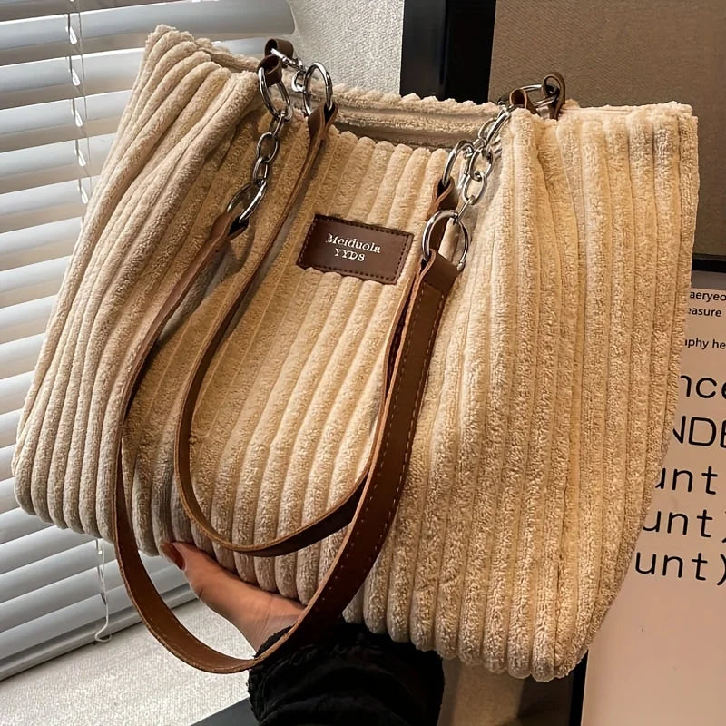 Stylish Corduroy Tote Bag for Women, Large Capacity Plush Shoulder Bag, Versatile Commuter & Travel Bag.