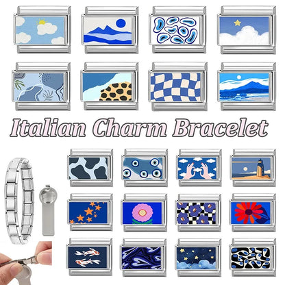 Fashion Blue NO.8 Ball Panda Elephant Cat Flower Italian Charms Fit 9mm Stainless Steel Women Fashion Bracelet DIY Jewelry Gifts