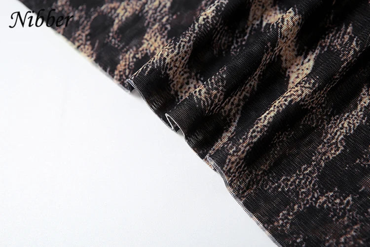 Nibber See Through Dress Women Sexy Coquette Leopard Print Full Sleeve o-Neck Stretch Wild Mini Bodycon Midnight Party Clubwear