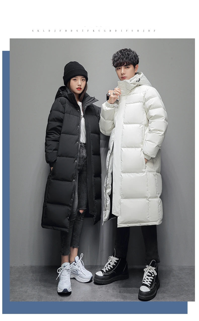 FGKKS 2025 Couple Winter Down Jacket Fashion Classic Slim Korean Style White Duck Down Men's Long Coat Women Hooded Outwear