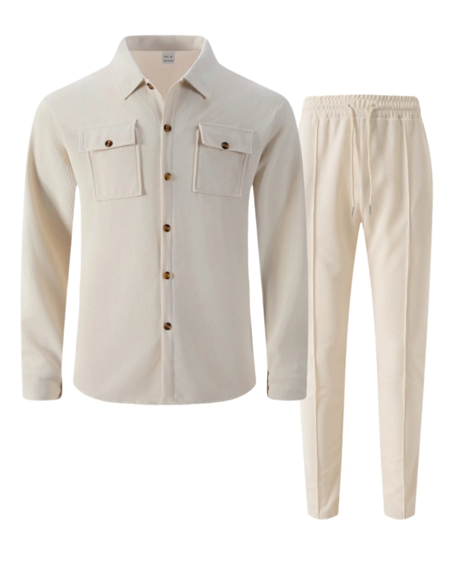 New Men's Solidcolor Waffle Longsleeved Pants Set High Quality Fashionable Comfortable With Double Pockets Workwear Style Cardig
