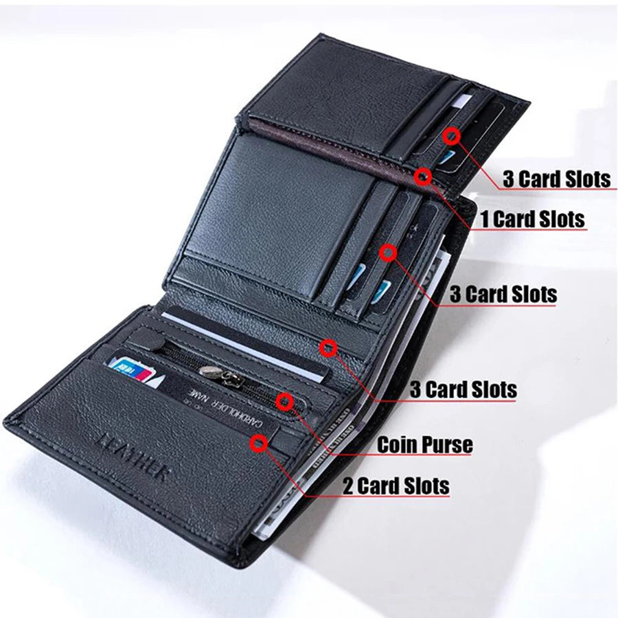 Men Wallet Genuine Leather Wallets for Men Zipper Purse Vertical Business Wallets RFID Anti-Theft Credit Card Holder Money Bag