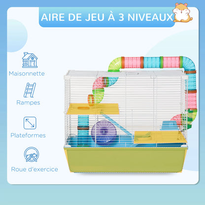 3-level rodent hamster Cage with tunnel, bottle of water, wheel, house, dark ladder. 59L x 36W x 47H cm rat cage hamster cage animals cage rat rat hamster cage