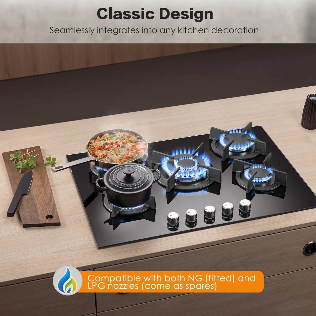 5 Burners 70 cm Glass with Automatic Flame Protection, Natural Gas Propane Gas, Built-in Gas Hob