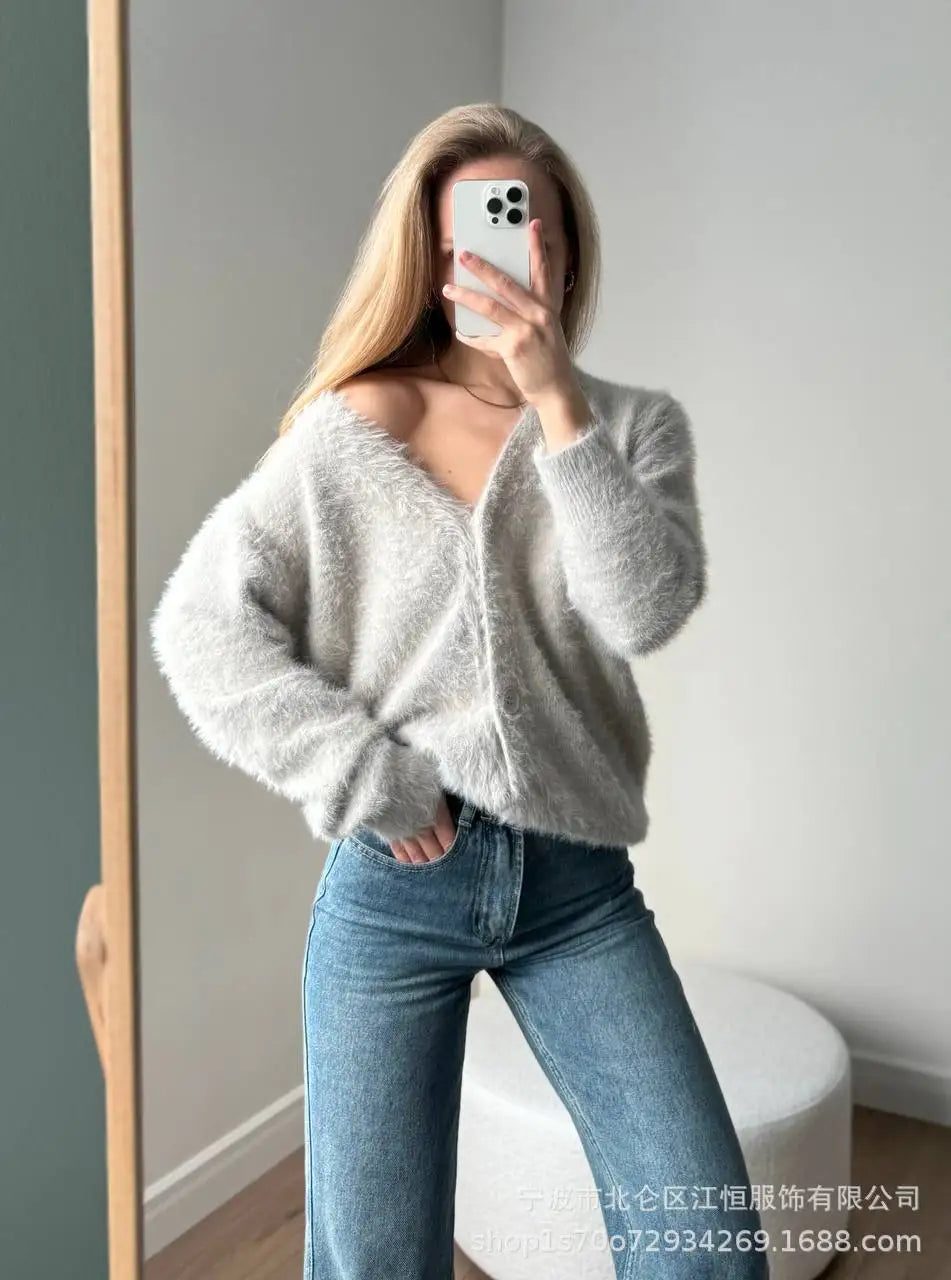 Women New Knitted Thick Cashmere Wool Cardigan Chic V Neck Single Breasted Fashion Long Sleeve Sweater Fall Winter Coat Outwear