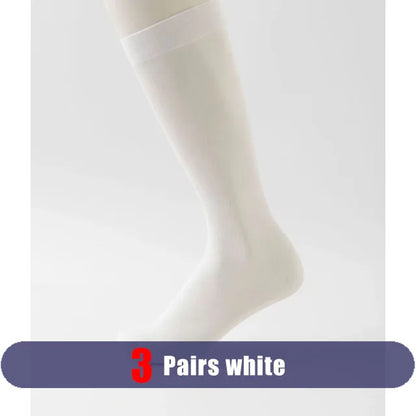 3 Pairs Summer Man Silk Socks Long Business Thin Nylon Striped Breathable Soft Elastic Below Knee Calf Formal Wear Crew Socks