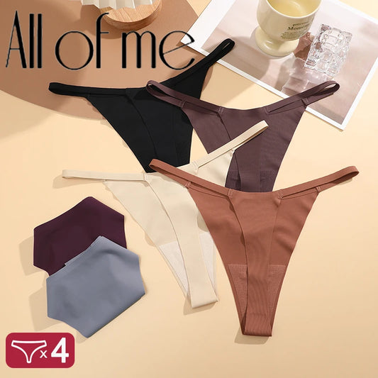 4PCS/Set Silk Seamless Thongs for Women Sexy Low Rise Panties Female Ultra Thin Breathable Underwear G-String T-Back Underpants