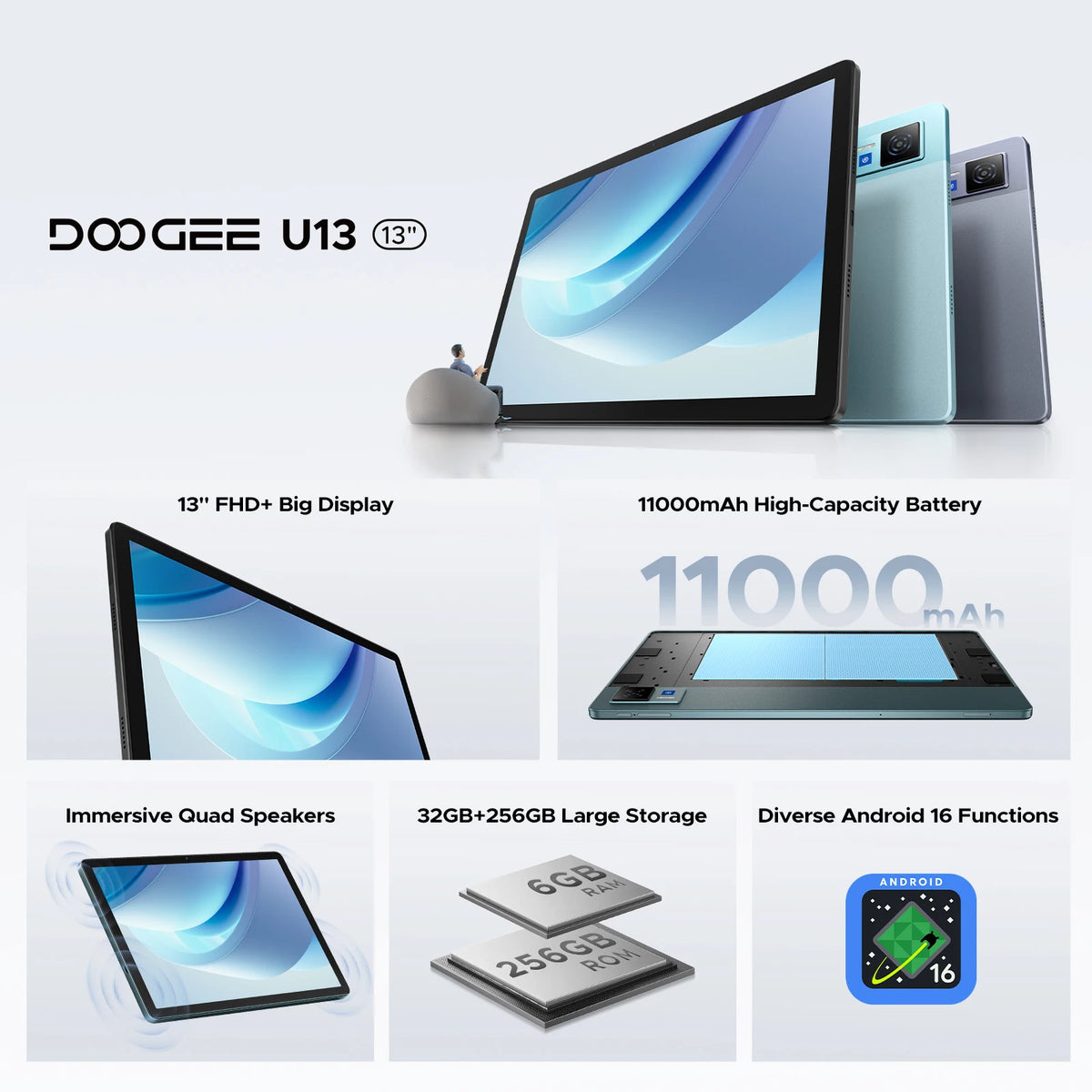 DOOGEE U13 2 IN 1 Tablet PC Android 16 13'' Display 32GB(6GB+36GB) 256GB 11000mAh Battery Quad Speakers UNISOC T7280 Widevine L1