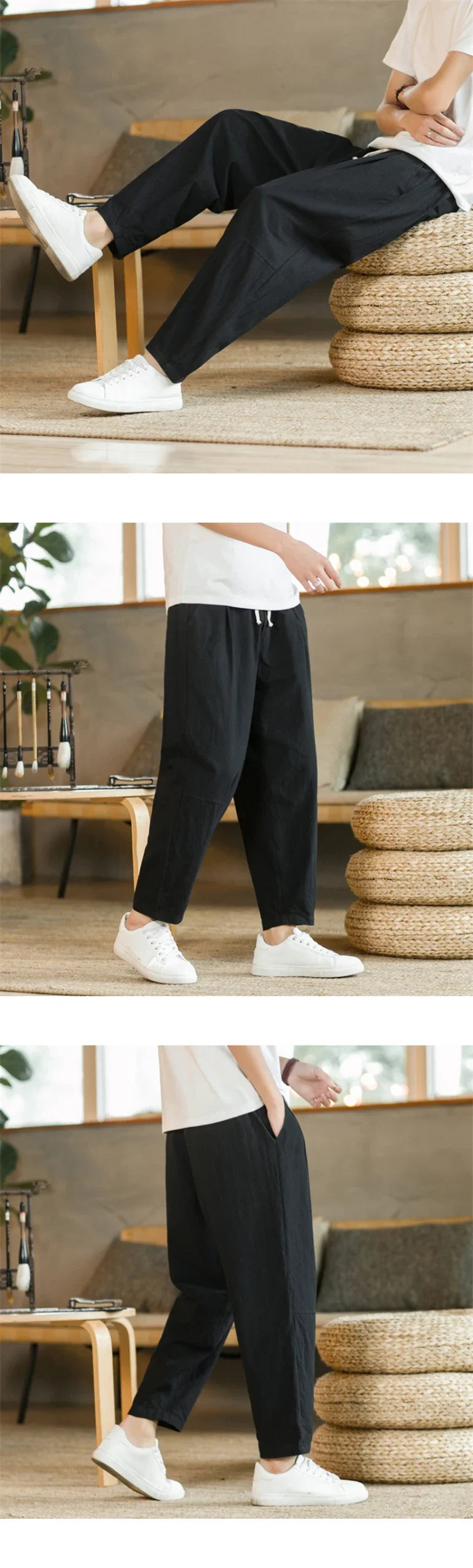 Streetwear Men Cotton Trousers Casual Solid Color Long Pants Breathable Drawstring Straight Pants Harem Pants Men Baggy Pants