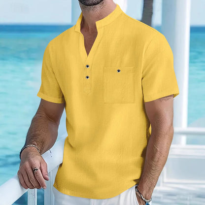 Summer Men's Cotton and Linen Shirt Casual Short Sleeved Stand Up Collar Top Breathable Loose Men's Fashionable Streetwear