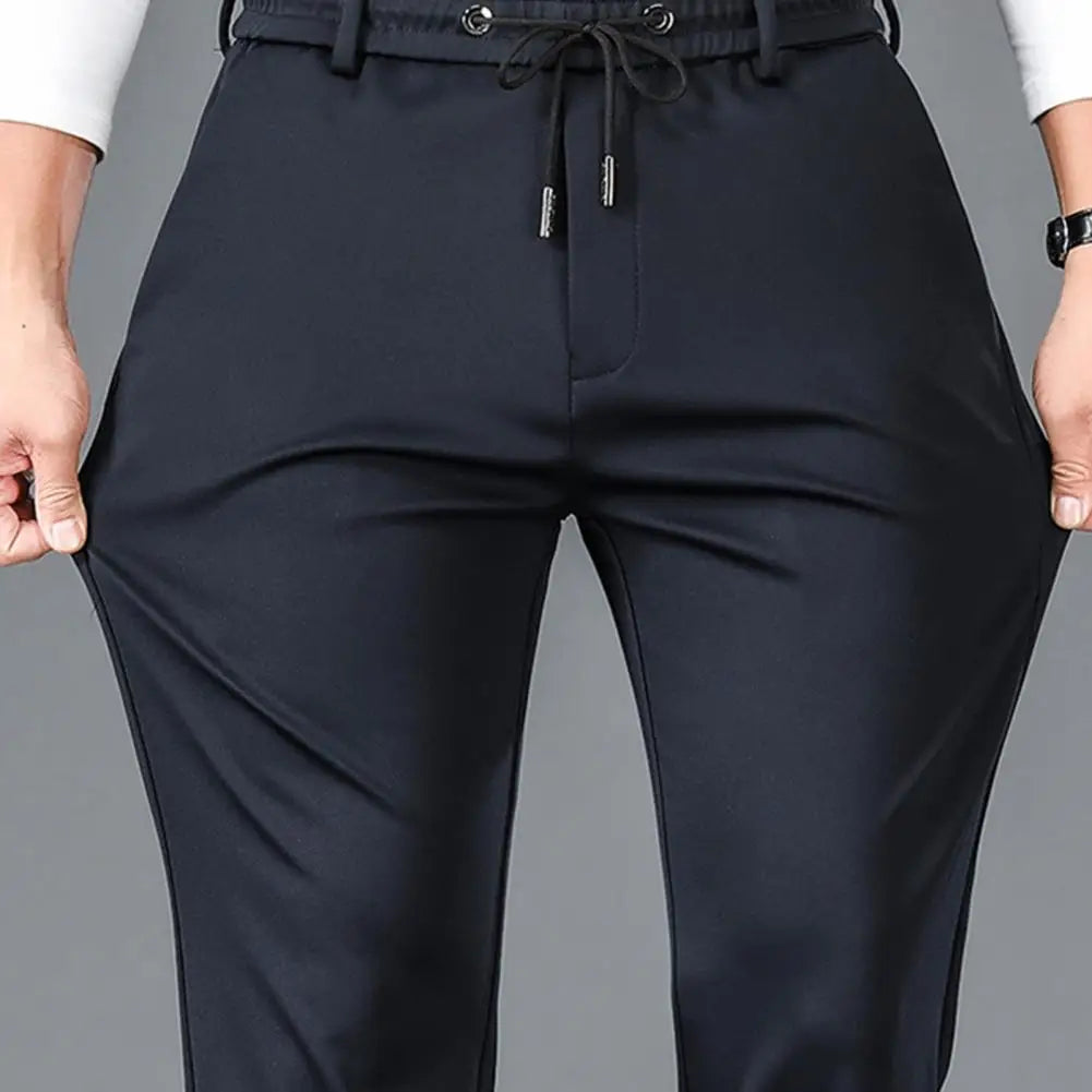 Men Casual Pants Loose Straight Drawstring Elastic Waist Business Pants Solid Color Breathable 2 Side Pockets Sports Trousers