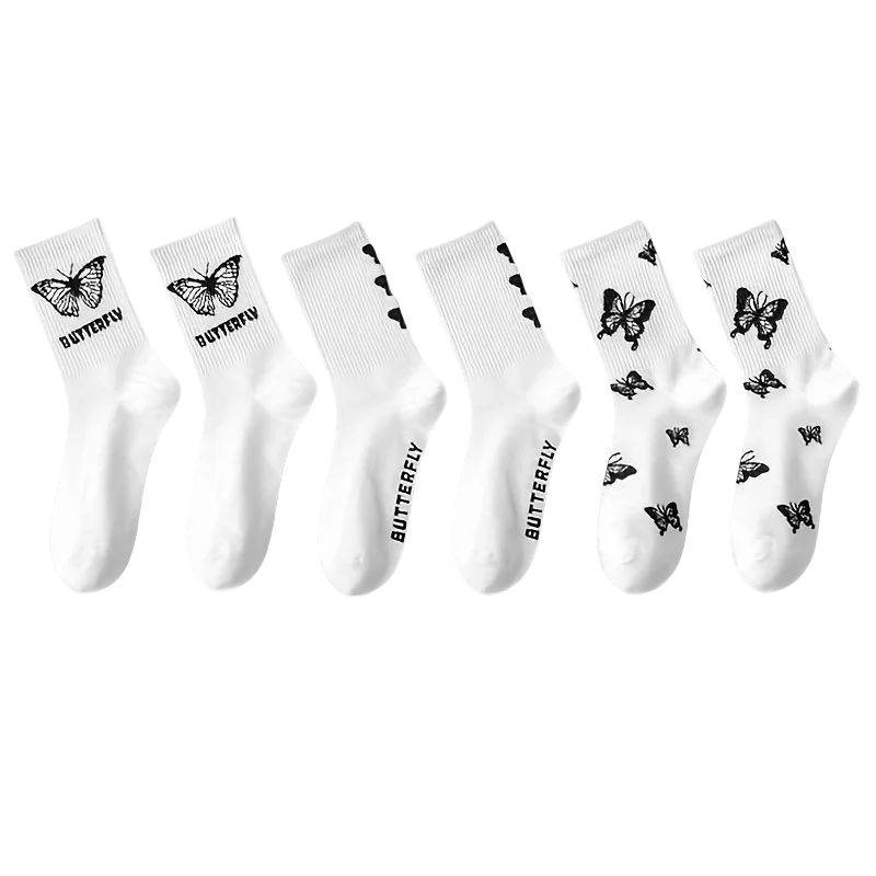 3/6/7 Pairs of Women Mid Length Stockings Set in Black And White With Butterfly Pattern Popular and versatile Sweat Absorption