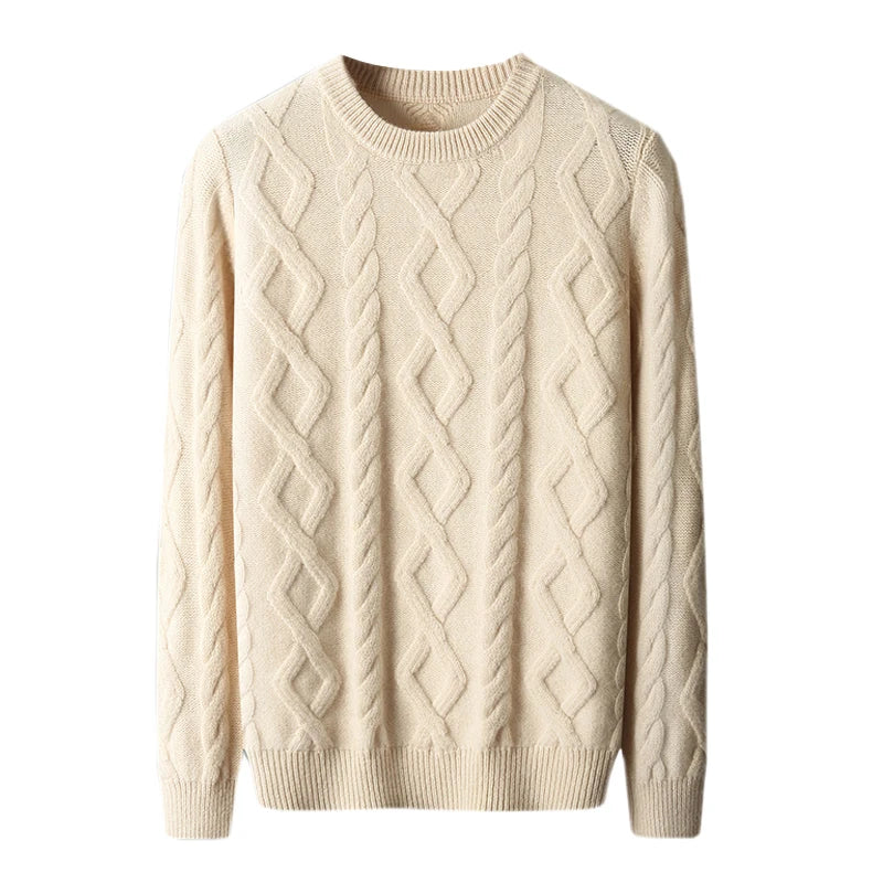 100% Merino Wool Men's Round Neck Thickened Autumn Winter Warm Casual Fashionable Knitted Sweater
