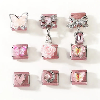 2025 New Women Romantic Pink Cherry Heart Shiny CZ Italian Charm Links Fit 9mm Bracelet Stainless Steel DIY Making Jewelry Gifts