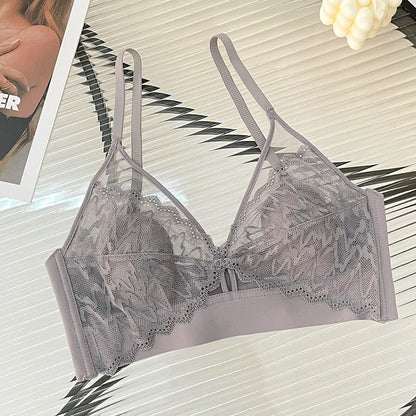 Sexy Lace Crop Top Deep V Backless Camisole Hollow Mesh Bra Female Solid Color Seamless Underwear Removable Chest Pad Tank Top