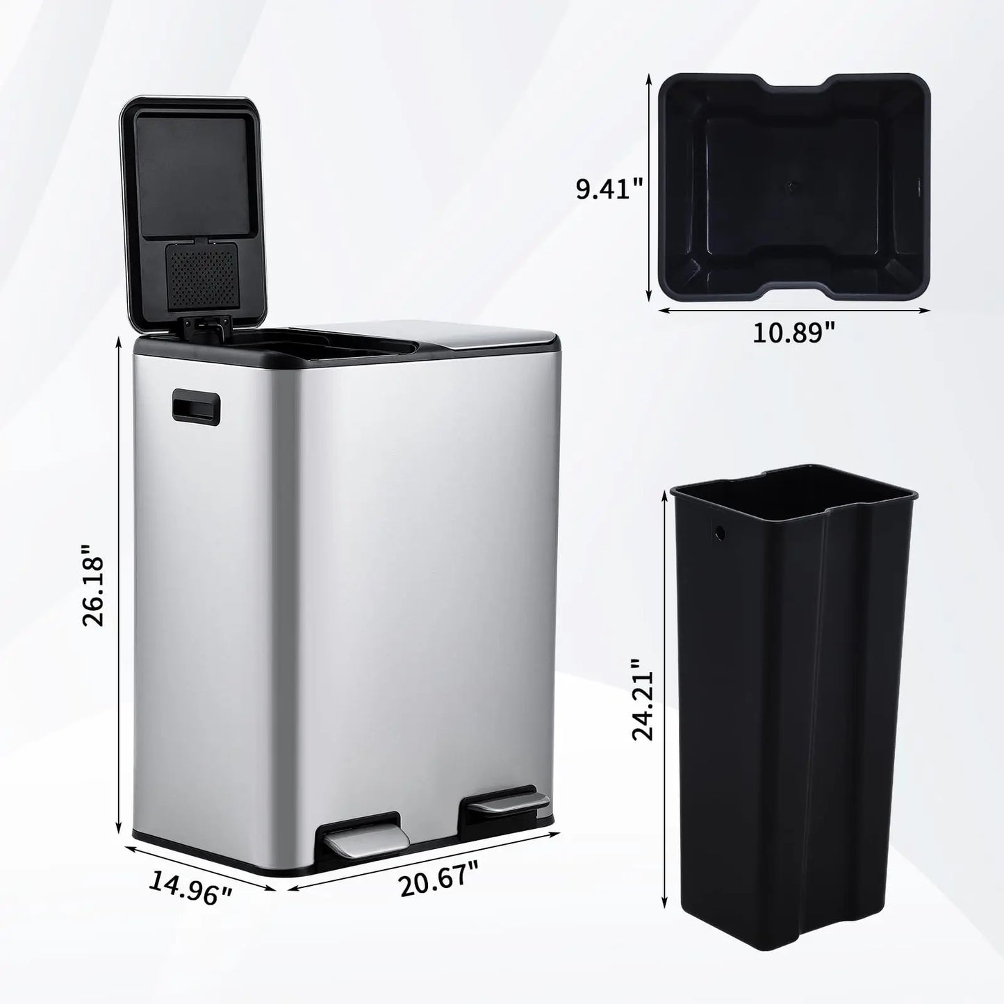 2 * 30L Stainless Steel TrashCan Dual Classification Foot Pedal Bins - Soft Close Lid/Removable Liner Buckets Recycling Solution