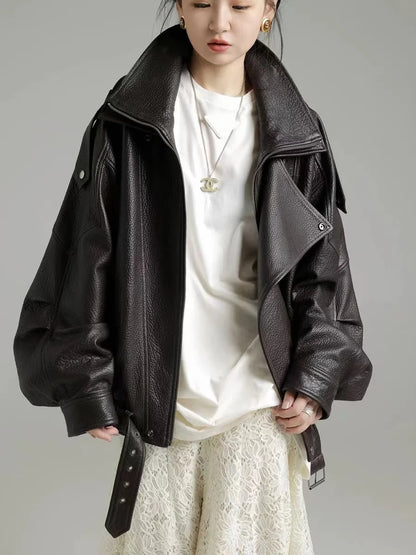 New Outerwear Leather Jacket Women American Retro Top Sheepskin Bubble Leather Double Lapel Loose Profile Coffee Locomotive Coat