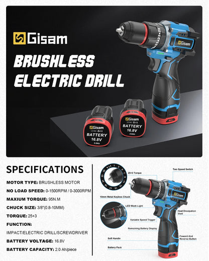 Gisam 95NM Brushless Electric Impact Drill 25+3 Torque 3 in 1 Cordless Electric Screwdriver Portable Power Tools For Home Woodwo