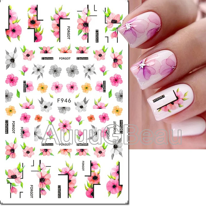 3d Nails Art Decals Spring Fruits Pink Full Tips Peony Magnolia Flowers Adhesive Sliders Stickers Decoration For Nails Manicure