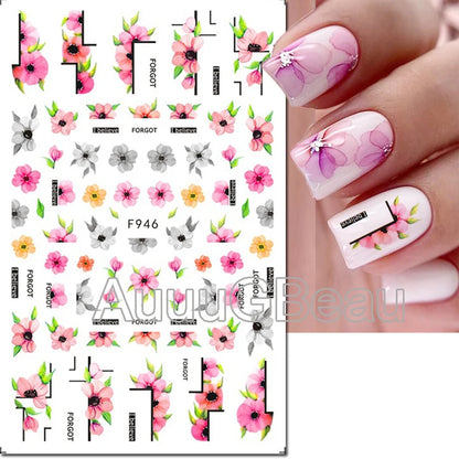 3d Nails Art Decals Spring Fruits Pink Full Tips Peony Magnolia Flowers Adhesive Sliders Stickers Decoration For Nails Manicure