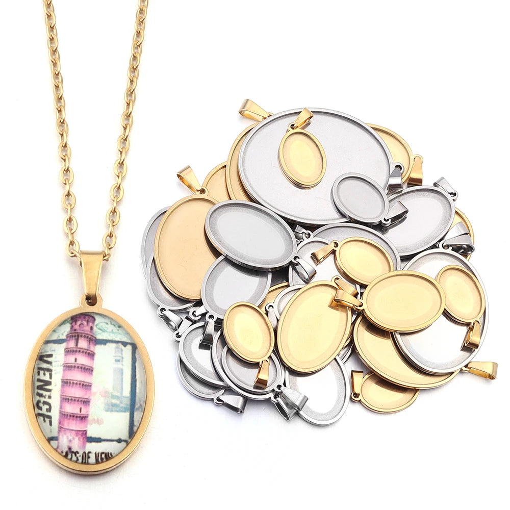 5pcs/lot Stainless Steel Oval Pendant Cabochon Base Setting Tray Blank 18*25mm 30*40mm Cabochons DIY Jewelry Making Supplies