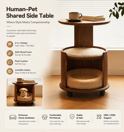 Wooden Pet Side Table Bed Combo with Removable Plush Cushion Smooth Rolling Casters for Cats Small Dogs Home Furniture