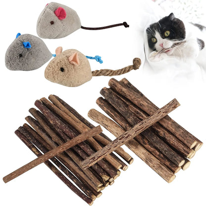 33pk Catnip & Silvervine Sticks - Natural Chew Toys w/ 3 Mouse Toys