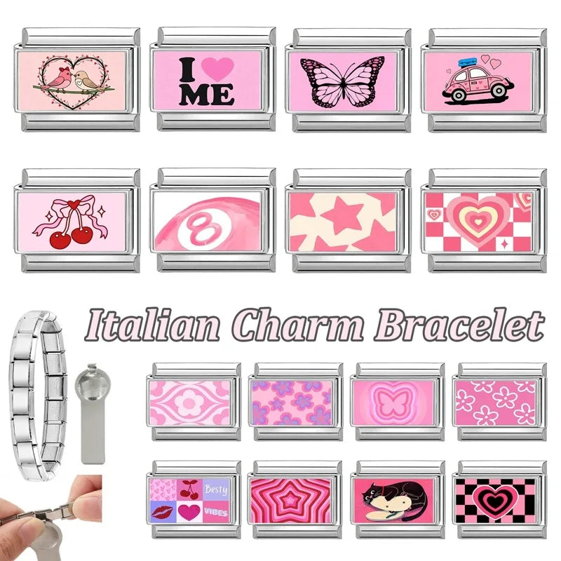 Wholesale Sweet Pink Series Stars Heart Flowers Butterfly Italian Link Fit 9mm Stainless Steel Bracelet Making DIY Charm Jewelry