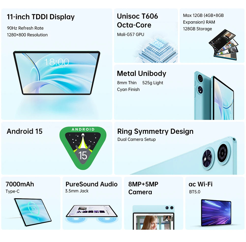 Teclast Tablet P50 Case Android 15 11" T606 8-Core Max 12GB RAM 128GB ROM P50 Case/Keyboard/Mouse/Stylus/Headphone/Stand