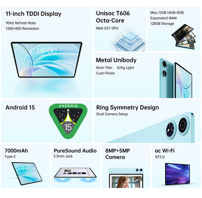 Teclast Tablet P50 Set Android 15 11" T606 8-Core Max 12GB RAM 128GB ROM P50 Case/Keyboard/Mouse/Stylus/Headphone/Stand