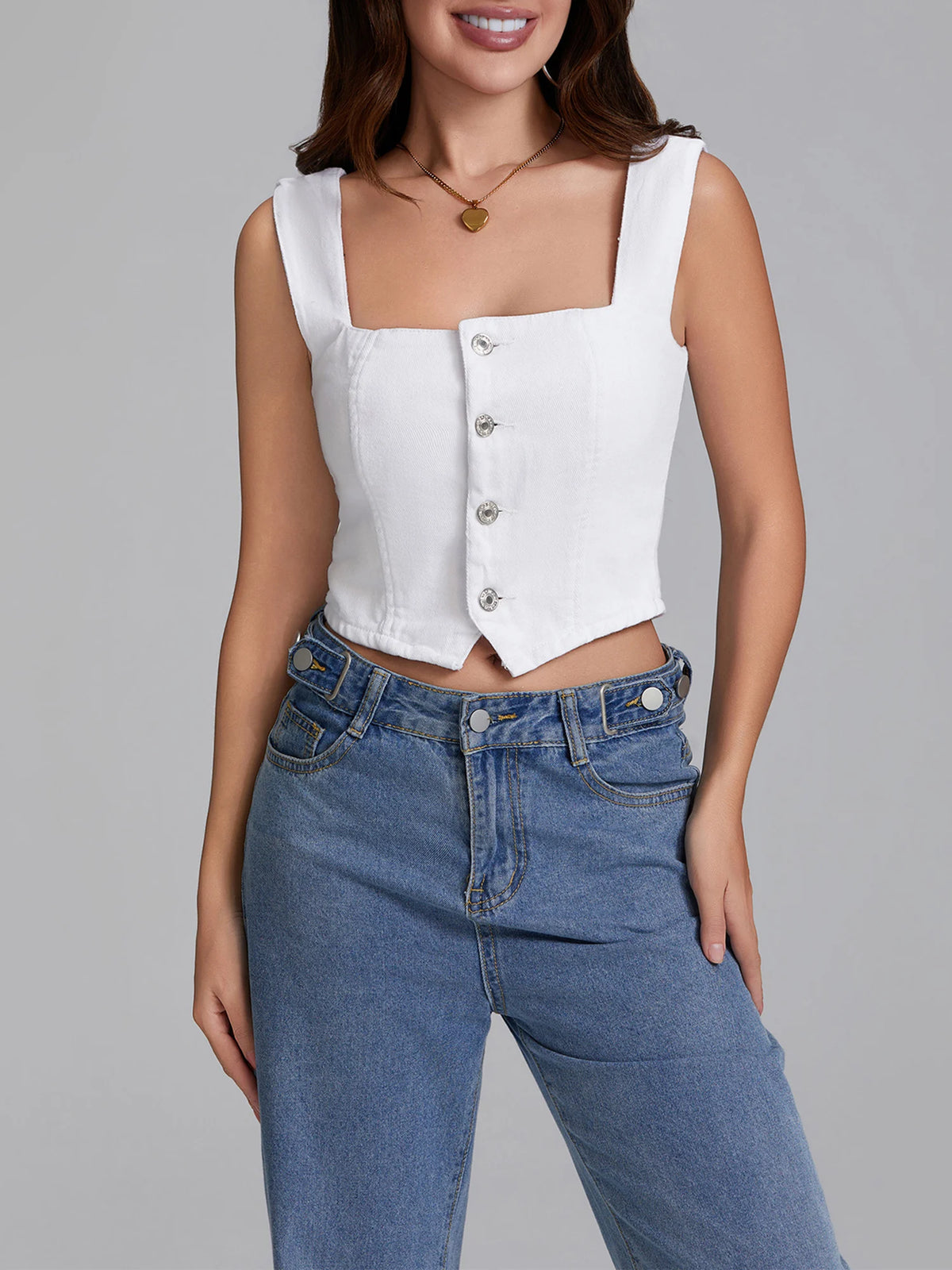 Summer Denim Tank Tops Women Slim Fit Square Neck Backless Back Shirred Sleeveless Button Down Crop Tops for Party Club Night