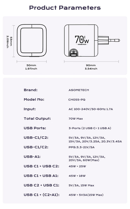 70W GaN Fast Charger with Type-C Retractable Cable 3 IN 1 PD3.0 QC4.0 PPS Fast Charging for IPhone 16 15 14 Xiaomi Tablet Laptop