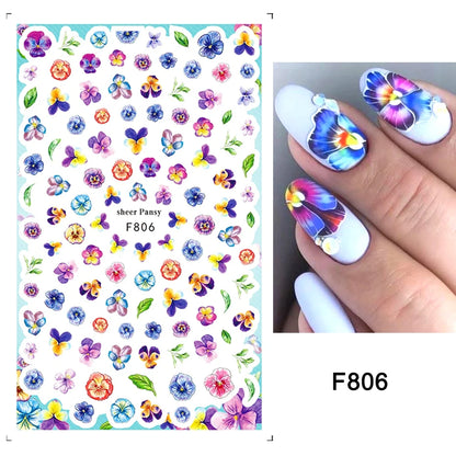 3d Nail Art Decals Watercolor Florals Purple Green Pink Flowers Leafs Fruit Adhesive Sliders Nail Stickers For Manicure