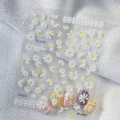 2pcs 5D White Daisy Design Nail Art Stickers Embossed Daisy Floret Green Leaf Nail Art Decals DIY Spring Summer Decor Stickers