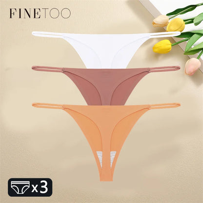 FINETOO 3PCS Women Seamless Thongs Sexy Low Waist Bikini Panties Female Traceless Underpants Ladies Solid Color T-back XS-XL