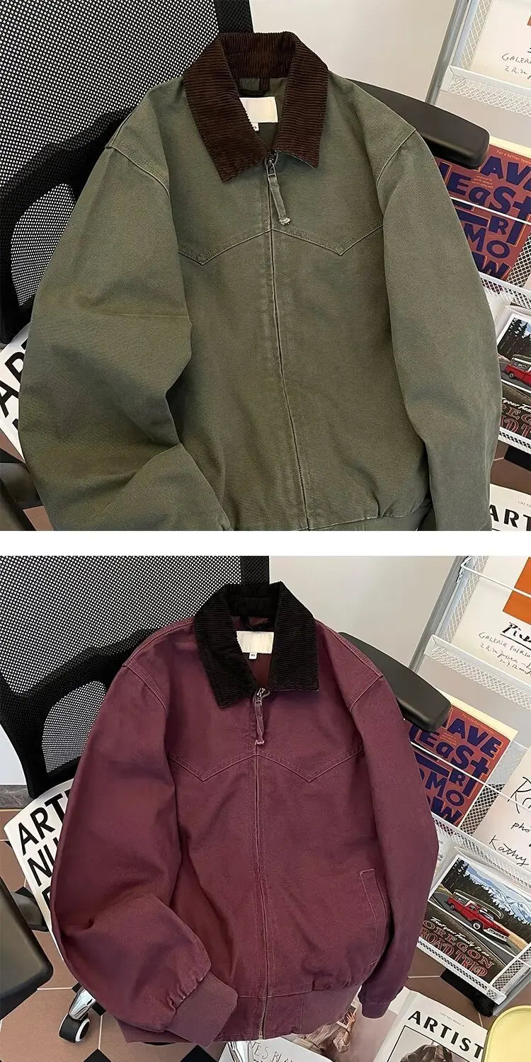 Pure Cotton Detroit Washed Jacket Men's Spring Loose Fit Collared Workwear Jacket Trendy Brand Color Block Casual Coat