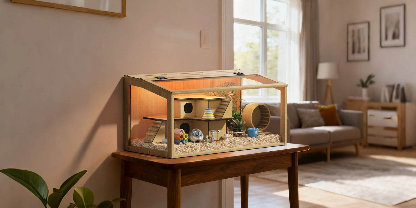 Large Wooden Hamster Cage Clear Tempered Glass Pet Small Animal Habitat Cage Playful Hutch House