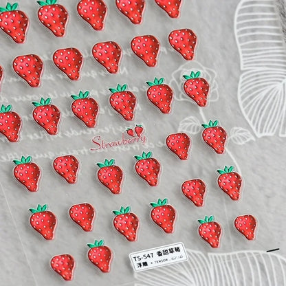 Fresh Sweet Fruits Strawberry Cherry Bowknot Love Heart Lemon 5D Nail Art Stickers Self Adhesive Decorations Nail Manicure Decal
